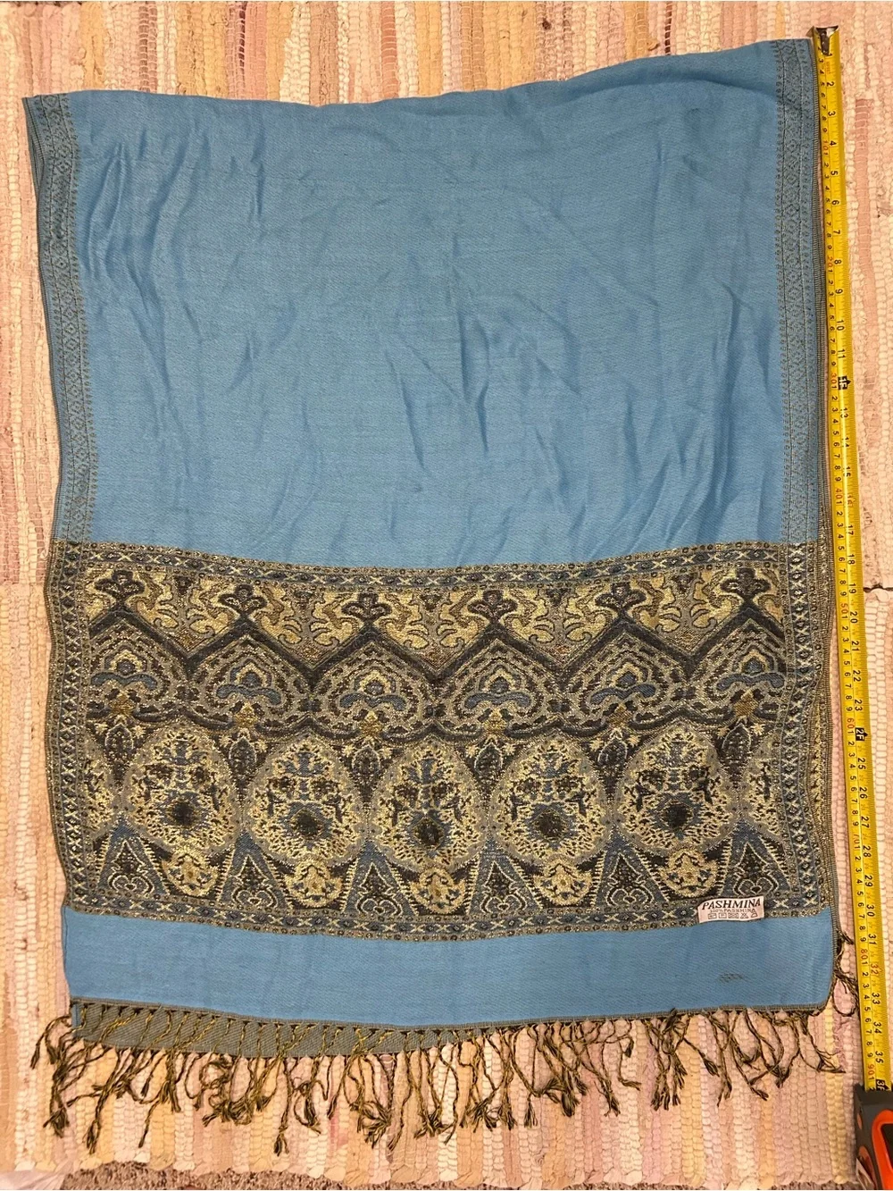 Pashmina Blue Gold Ornate Paisley Shawl Wrap Fringe Boho